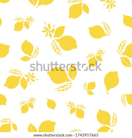 Vector graphic summer lemon citrus pattern. Geometric modern summer repeating design. Hand drawn bright citrus fruit pattern with leaf and blossom on white background. Classy simple summer backdrop.