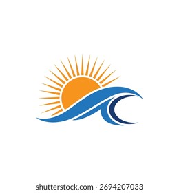 Vector gráfico de un sol que se levanta sobre una ola azul del océano. Un concepto de logotipo minimalista para el verano, los viajes, la naturaleza y la identidad de marca de un resort tropical