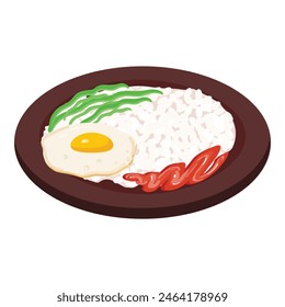 Vector graphic of a sunnysideup egg, white rice, and greens on a plate