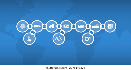 Gráfico vectorial como imagen del icono de la cadena de suministro con iconos en los símbolos de la cadena y mapa del mundo en segundo plano. Usable como encabezado.
