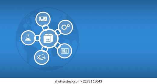 Vector graphic symbol image for small supply chain in round shape with icons in chain symbols and globe in background with space for text.