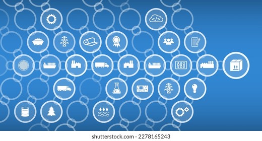 Vector graphic as symbol image for very complex supply chain with many icons in chain symbols usable as header.