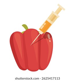 Vector graphic of a syringe injecting into a red bell pepper, symbolizing gmo