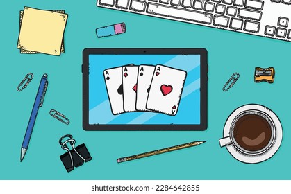 Vector graphic of a tablet with a magnifying glass icon and search bar displayed. Hand drawn illustration.