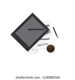 Vector graphic tablet, a sheet with sketches and a mechanical pencil, for creativity.