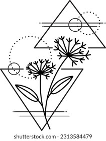 Vector graphic for tattoo or logo with geometric shapes and branches with leaves. Hand drawn abstract trendy art