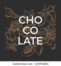 Vector Graphic Template. Chocolate Nature Illustration. Cacao Tree, Branch, Bean, Berry, Fruit. Natural Floral Background Bio Label, Organic Package Sketch Art Line Botanical Design. Hand Drawn Style 