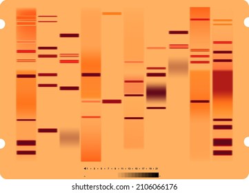 Vector graphic template of orange hues monochromatic big genomic data visualization, DNA test and genome map sequence.