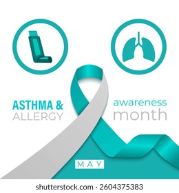 Vector graphic of the theme of asthma and allergy awareness month background design template. Wheezing, coughing, allergic reactions. Realistic ribbon, Stethoscope with Inhalers. Web Banner.