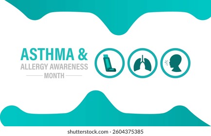 Vector graphic of the theme of asthma and allergy awareness month background design template. Wheezing, coughing, allergic reactions. Realistic ribbon, Stethoscope with Inhalers. Web Banner.
