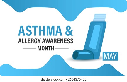 Vector graphic of the theme of asthma and allergy awareness month background design template. Wheezing, coughing, allergic reactions. Realistic ribbon, Stethoscope with Inhalers. Web Banner.