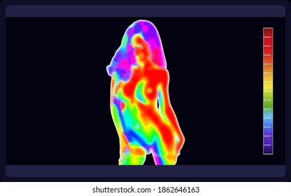 Imagen vectorial de imágenes térmicas que escanean el hermoso cuerpo femenino desnudo sobre fondo negro. Espectro electromagnético. Bella chica sensual desnuda. Hermoso cuerpo desnudo de señora elegante sensualidad.
