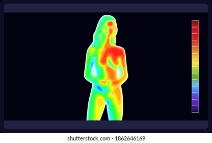 Vektorgrafik des thermischen Bild-Scannens schöne, nackte weibliche Körper auf schwarzem Hintergrund. Elektromagnetisches Spektrum. Nacktes sinnlich schönes Mädchen. Schöner Akt Körper der Sinnlichkeit elegante Dame.

