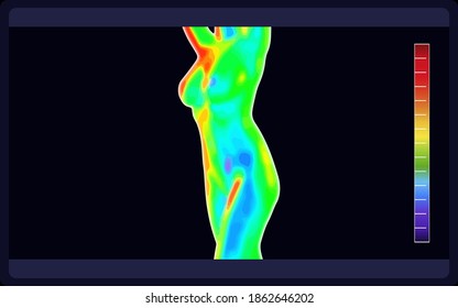 Vector graphic of thermal image scanning beautiful naked female body on black background. Electromagnetic spectrum. Naked sensual beautiful girl. Beautiful nude body of sensuality elegant lady.
