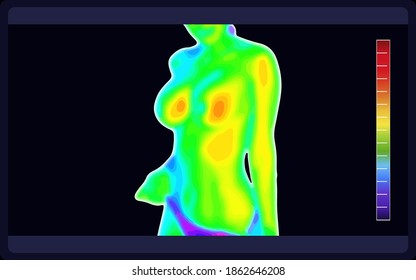 Vector graphic of thermal image scanning beautiful naked female body on black background. Electromagnetic spectrum. Naked sensual beautiful girl. Beautiful nude body of sensuality elegant lady.
