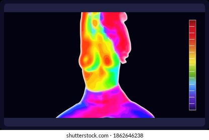 Vector graphic of thermal image scanning beautiful naked female body on black background. Electromagnetic spectrum. Naked sensual beautiful girl. Beautiful nude body of sensuality elegant lady.
