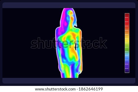 Vector graphic of thermal image scanning beautiful naked female body on black background. Electromagnetic spectrum. Naked sensual beautiful girl. Beautiful nude body of sensuality elegant lady.
