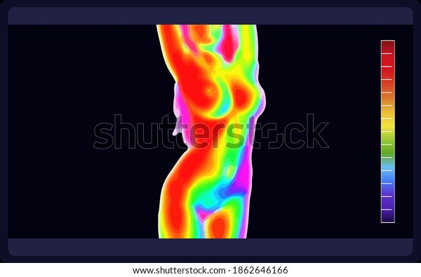 Vector graphic of thermal image scanning
beautiful naked female body on black background. Electromagnetic
spectrum. Naked sensual beautiful girl. Beautiful nude body of
sensuality elegant
lady.

