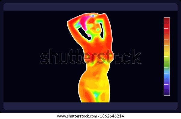 Vector graphic of thermal image scanning\
beautiful naked female body on black background. Electromagnetic\
spectrum. Naked sensual beautiful girl. Beautiful nude body of\
sensuality elegant\
lady.\
