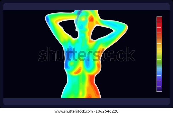 Vector graphic of thermal image scanning
beautiful naked female body on black background. Electromagnetic
spectrum. Naked sensual beautiful girl. Beautiful nude body of
sensuality elegant
lady.
