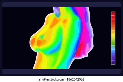 Vector graphic of Thermographic image of breast on black background. Woman's chest showing different temperatures in range of colors from blue showing cold to red showing hot. vector eps10.
