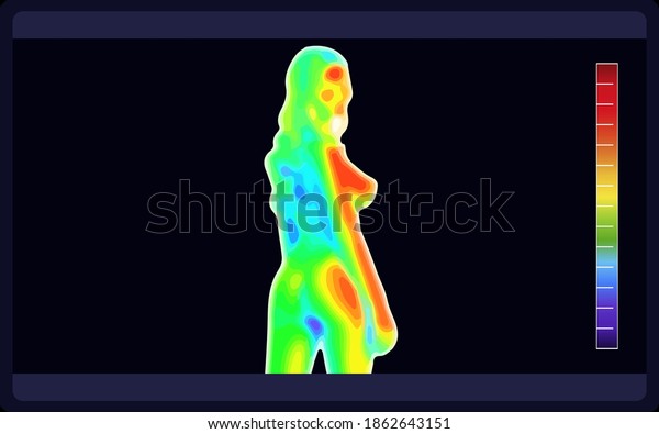 Vector\
graphic of thermographic image of female body side view on black\
background. Electromagnetic spectrum. Naked sensual beautiful girl.\
Beautiful nude body of sensuality elegant\
lady.\
