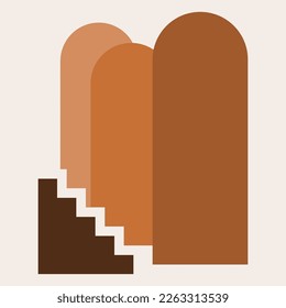 Vector graphic of three brown doors and a set of steps as a piece of modern art