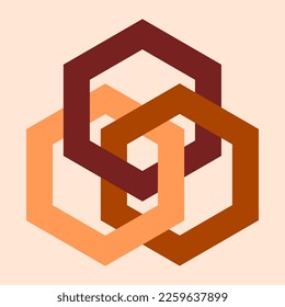 Vector graphic of three  brown interlinked regular hexagons. A logo for unity or cooperation