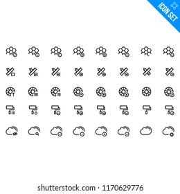 Vector Graphic Tools Related Icon set. Contains such Icons as Pen and Ruler, Color Ring, Roller Brush, Cloud, Transformation. Vector Flat Icon Set in Line Style for Mobile application or Web site