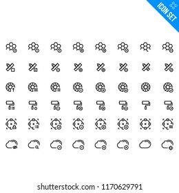 Vector Graphic Tools Related Icon set. Contains such Icons as Cells, Pen and Ruler, Color Ring, Roller Brush, Transform, Cloud. Vector Flat Icon Set in Line Style for Mobile application or Web site