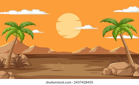 Vector graphic of a tranquil desert sunset scene