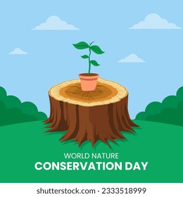 Gráfica vectorial de los trozos de árboles y nuevas plantas en macetas aptas para la celebración del Día Mundial de la Conservación de la Naturaleza