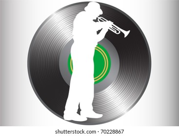Vector graphic trumpeter in concert. Silhouette on disc