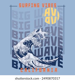 Vektorgrafik-Grafik-T-Shirt-Design, Poster, Druck zum Thema Surfen.