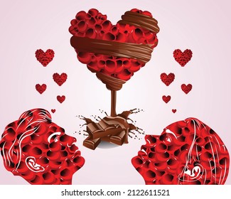 vector graphic of two couples gazing at a love-shaped flower covered in sweet chocolate to celebrate Valentine's Day which is held every February 14th.