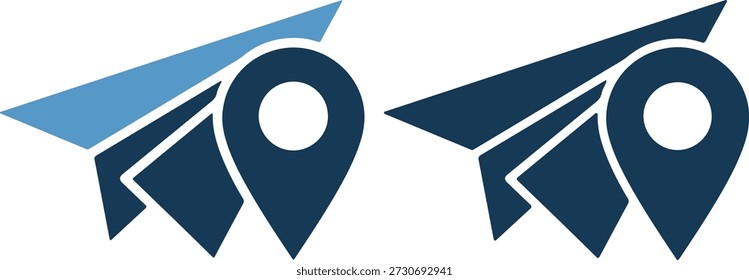 Gráfico de Vector de dos pines de ubicación con líneas de diferentes colores, delineadas en blanco, sobre un fondo blanco puro con Formas geométricas y líneas en negrita