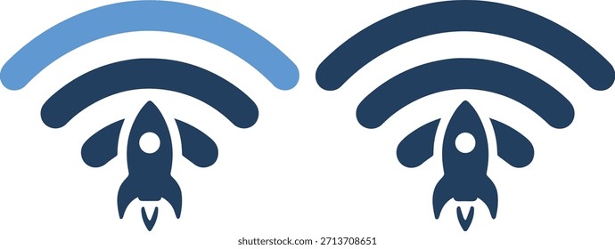 Um gráfico vetorial de dois foguetes com sinais WiFi em vários tons azuis sobre um fundo branco puro, transmitindo tecnologia e inovação.