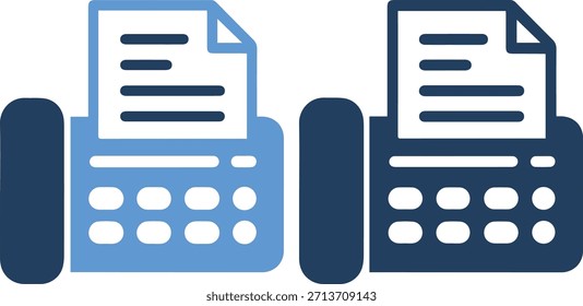 A vector graphic of two stylized typewriters, one light blue and one dark blue, each with a sheet of paper, on a white background