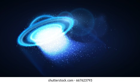 Vector graphic. UFO flying in dark. Abstract alien background.