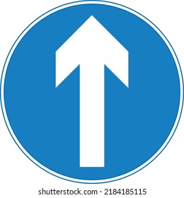 Vector graphic of a uk ahead only road sign. It consists of a vertical white arrow within a blue circle