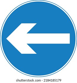 Vector graphic of a uk turn left road sign. It consists of a horizontal white arrow pointing to the left within a blue circle