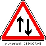 Vector graphic of a uk two way ahead road sign. It consists of two vertical arrows pointing in opposite directions contained within a red triangle