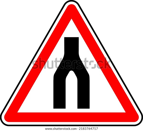 Vector graphic of a uk warning of the end of\
a dual carriageway ahead road sign. It consists of two roads become\
one symbol contained within a red\
triangle