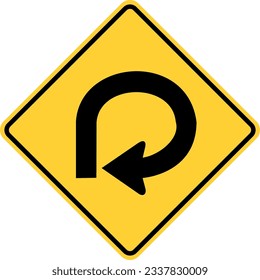 Vector graphic of a usa 270 degree loop highway sign. It consists of a black curved arrow with a 270 degree bend within a black and yellow square tilted to 45 degrees