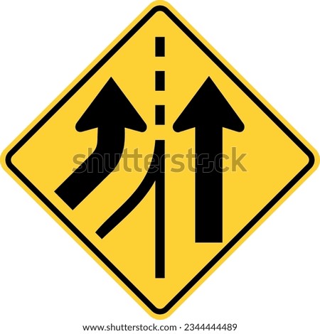 Vector graphic of a usa added lane left highway sign. It consists of two black arrows merging from the left within a black and yellow square tilted to 45 degrees