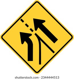 Vector graphic of a usa added left lane on slip road highway sign. It consists of two black arrows merging from the left within a black and yellow square tilted to 45 degrees