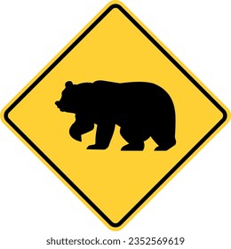 Vector graphic of a usa Bear Crossing Ahead  highway sign. It consists of the silhouette of a bear within a black and yellow square tilted to 45 degrees