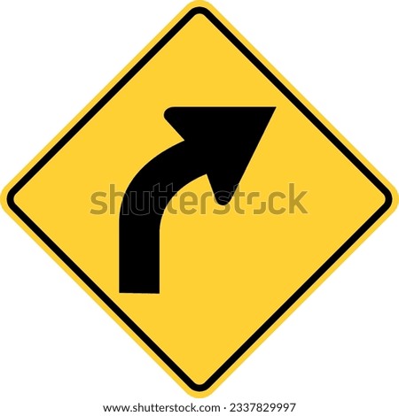 Vector graphic of a usa curve ahead highway sign. It consists of a curved black vertical arrow within a black and yellow square tilted to 45 degrees