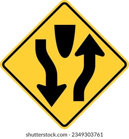 Vector graphic of a usa divided highway starts highway sign. It consists of two black arrows indicating the flow of traffic within a black and yellow square tilted to 45 degrees svg