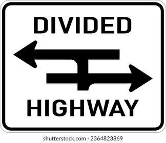 Imagen vectorial de la señal de la autopista MUTCD de la intersección de la autopista dividida de ee.uu. Consiste en la redacción de la carretera dividida y un esquema de la distribución de la carretera contenido en un rectángulo blanco
